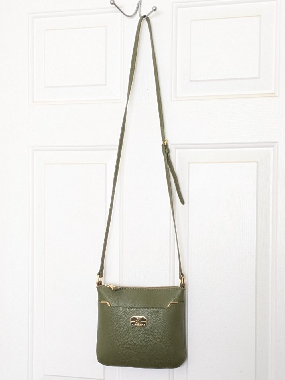 Lauren Ralph Lauren Womens Green Leather Adjustable Strap Crossbody Bag Small